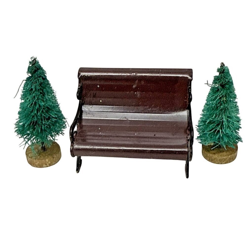 Christmas Village Park Bench And Bottle Brush Trees Miniature